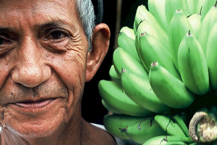 Mann mit Bananen-Staude